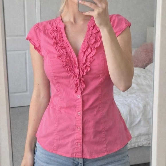 Dynamite Tops - Dynamite Y2K Short Sleeve Blouse Fitted Ruffle Lightweight Women M 2000s Office